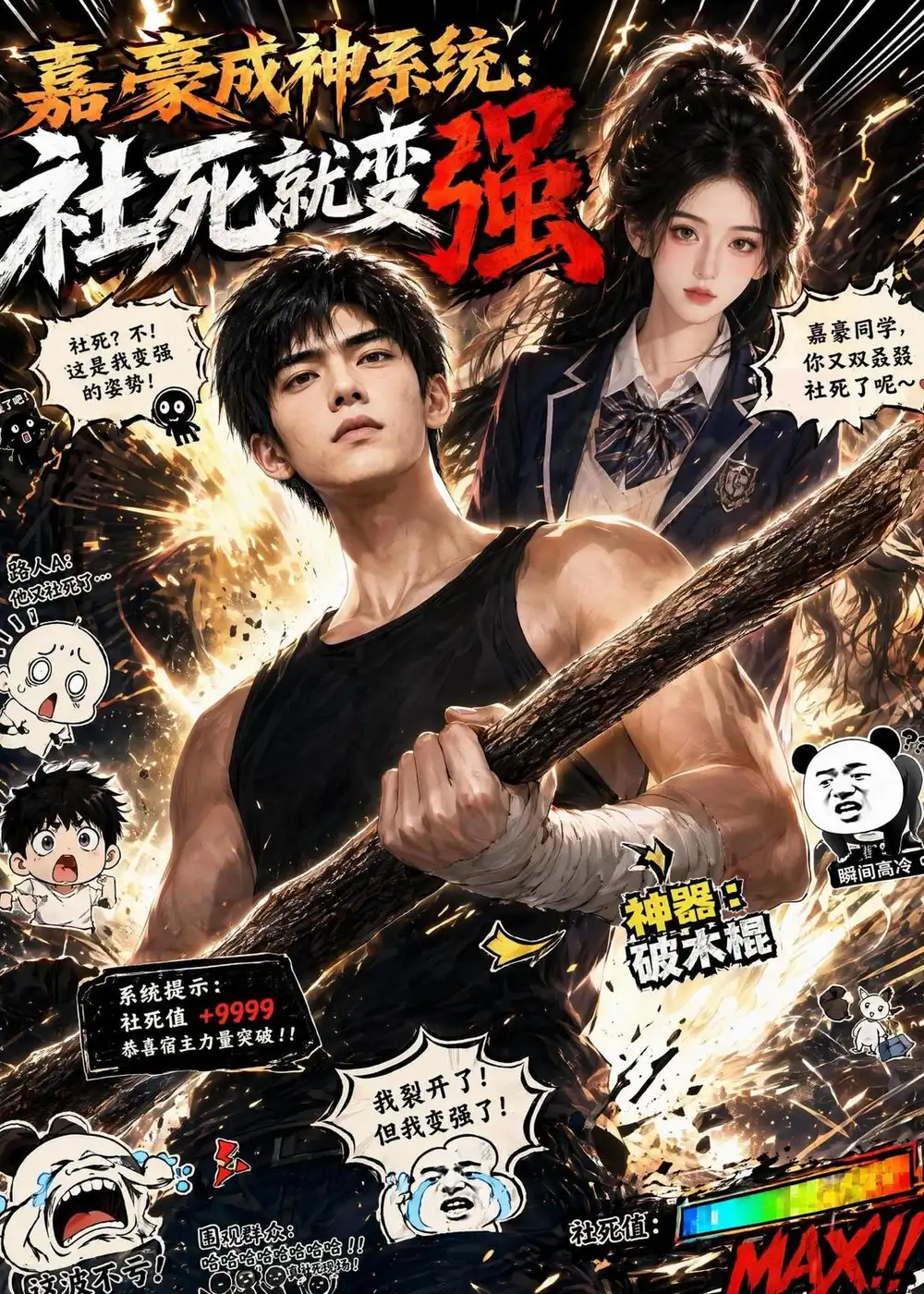 《嘉豪成神系统：社死就变强（61集）AI短剧（夸克网盘）》短剧封面