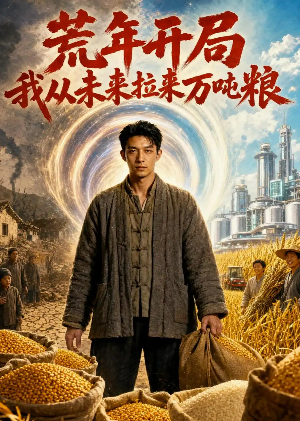《荒年开局：我从未来拉来万吨粮（46集）AI短剧 (2026)》短剧封面