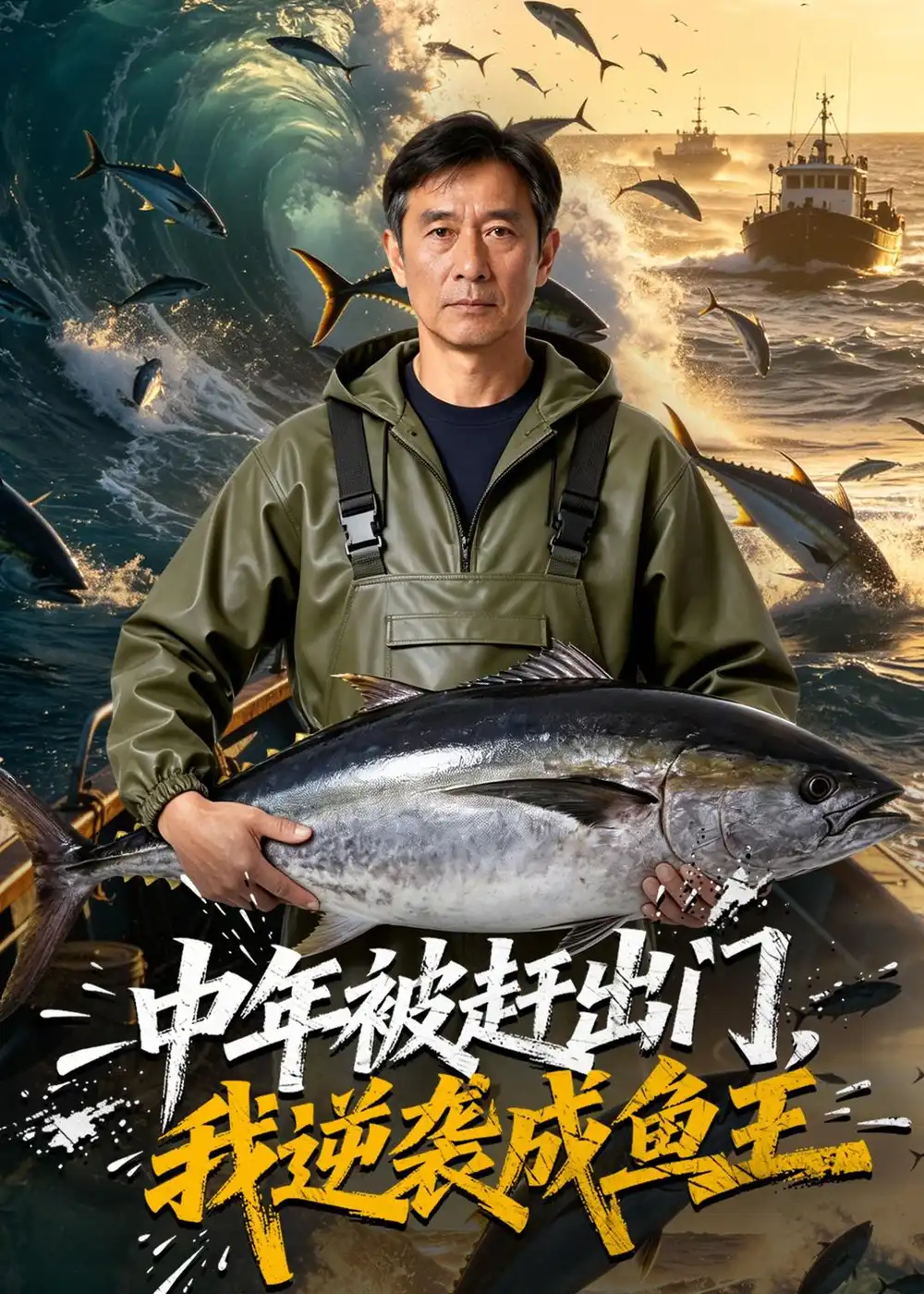 《中年被赶出门，我逆袭成鱼王（57集）AI短剧》短剧封面