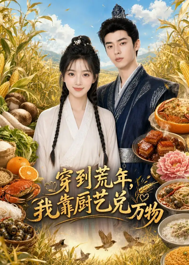《穿到荒年，我靠厨艺兑万物（58集）AI短剧（夸克网盘）》短剧封面