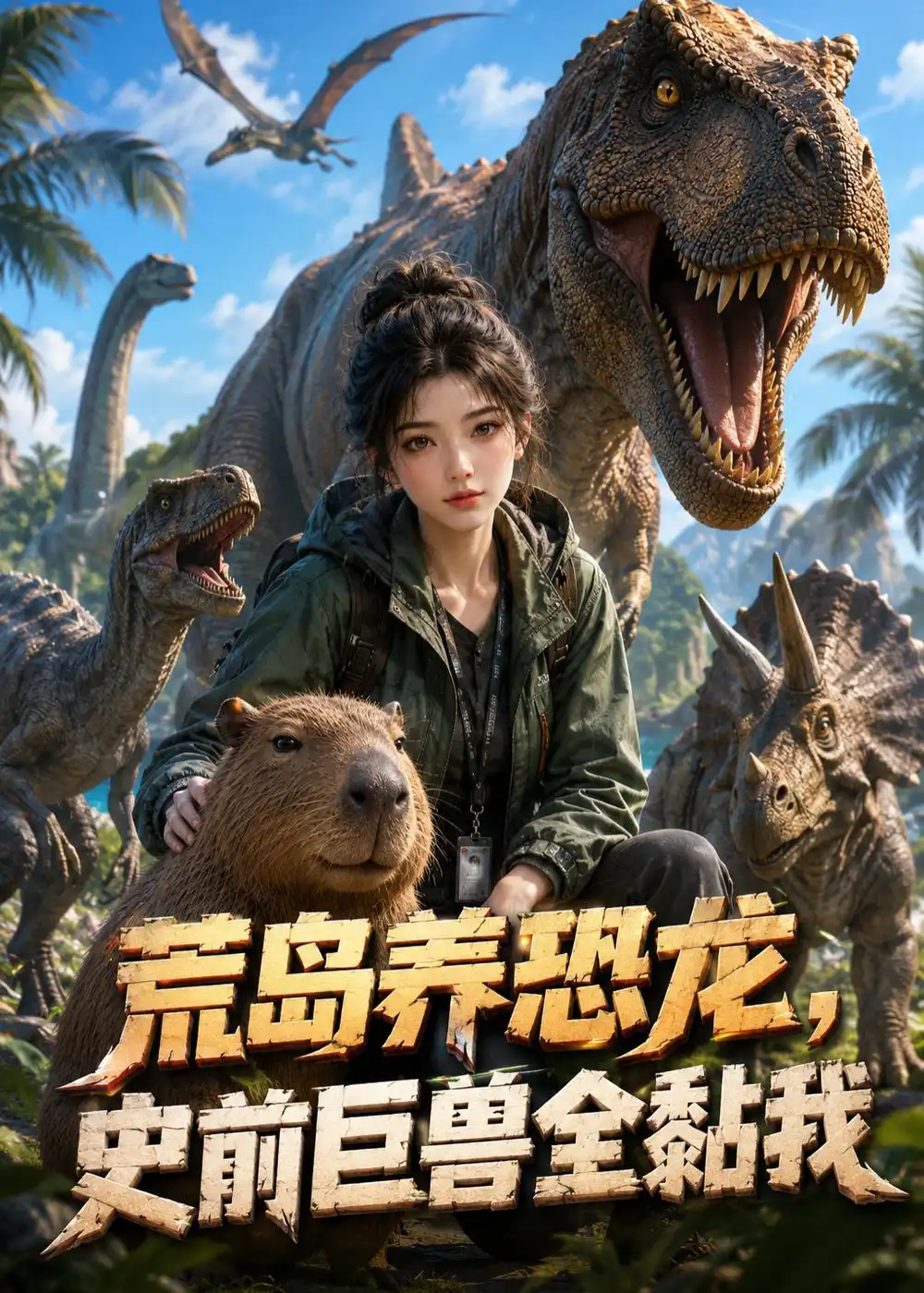 《荒岛养恐龙，史前巨兽全黏我（40集）（夸克网盘）》短剧封面