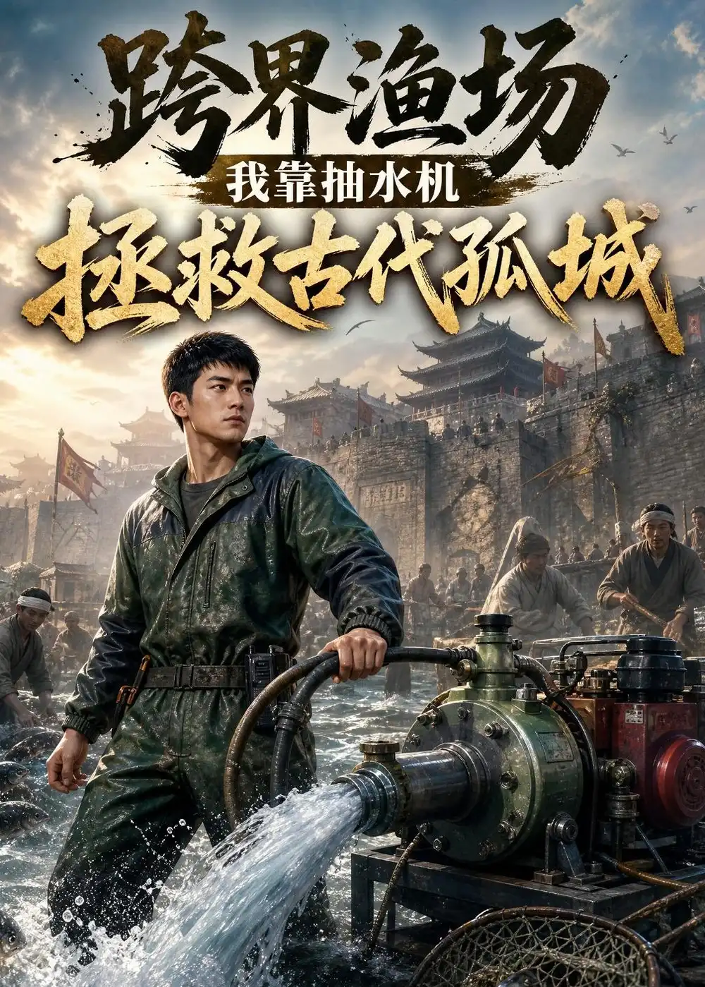《跨界渔场我靠抽水机拯救古代孤城（53集）AI短剧 (2026)》短剧封面